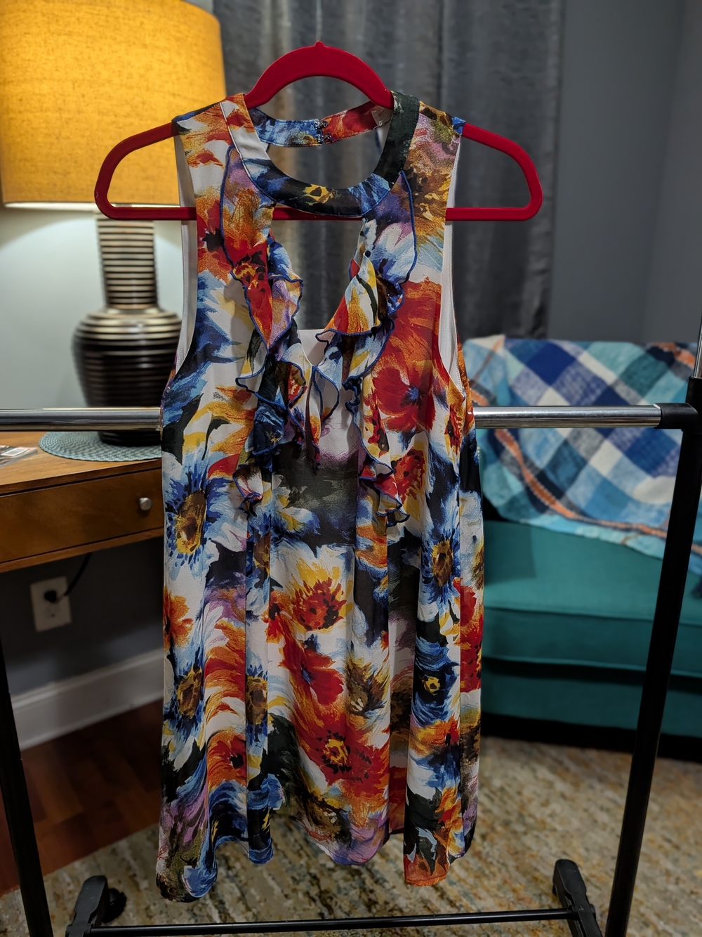 Entro Floral Ruffle Neck Sleeveless Dress - Blue, Orange, Yellow, White, Black